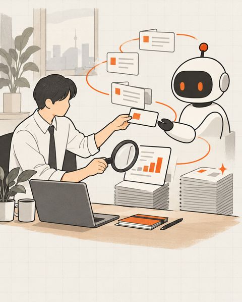 같은 직원이 AI에게 업무 카드를 건네고 돌아온 결과를 돋보기로 확인하는 모습