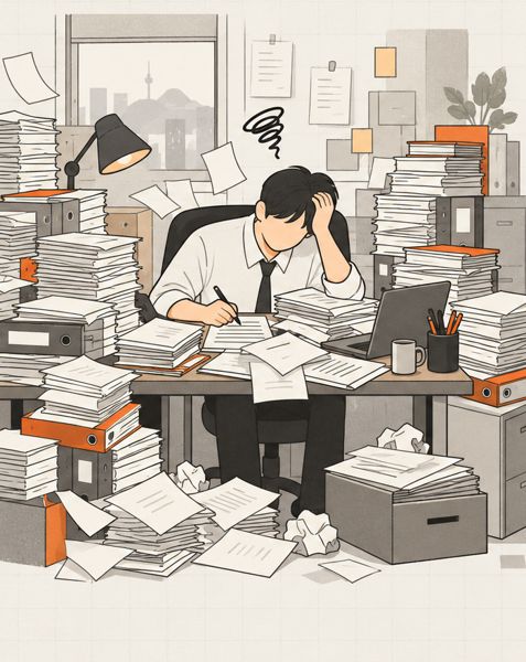 서류 더미에 묻혀 모든 일을 직접 처리하는 직원